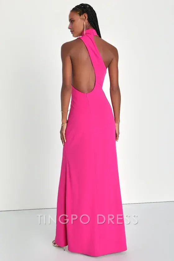 TingPo Wholesale Signature Elegance Keep It Interesting Hot Pink Asymmetrical Halter Maxi Dress formal wear dresses 